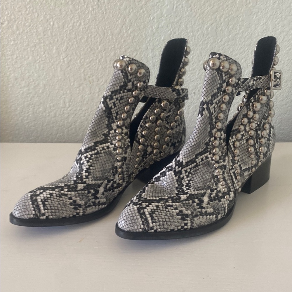 Jeffrey Campbell Black and Gray Snake Print Ankle Boots